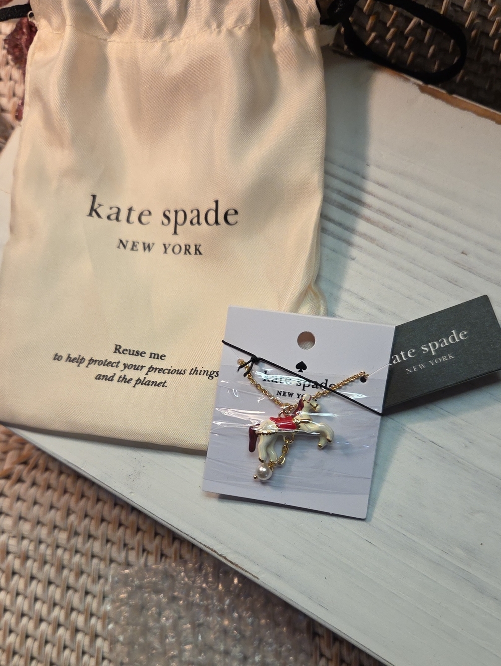 kate spade Gold-Plated Carousel Horse Necklace with Pink and White Enamel